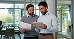 Men, tablet and documents in office with conversation for research, planning and project management. Tech, paperwork and business people with discussion for report feedback, review and collaboration.