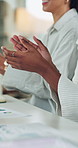 Hands, team and applause for celebration at meeting for goal, support and charts at company. Business people, success and clapping in office for achievement, revenue and profit at finance agency