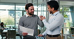 Paperwork, business men and fist bump in office for success, goal or investment analysis. Document, tablet and team celebration with happy broker for financial chart, thank you and portfolio gain