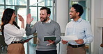 Business people, tablet and paperwork with high five for discussion, advice or success in office. Men, woman and technology with document for meeting, management and celebration for idea or teamwork