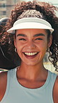 Padel, sports and face of woman outdoor on tennis court to start training, practice and exercise. Happy, fitness and portrait of person with racket, laugh and pride for workout, tournament and game