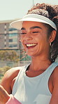 Padel, sports and woman laugh at court with happiness, funny joke and wellness outdoor for hobby. Tennis player, smile and person with humor for fitness, reading message and typing text for exercise