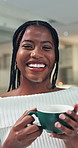 Black woman, face and coffee with smile at office, startup and excited for career at media company. African person, happy and confident in portrait, bokeh and beverage at creative agency in Nigeria