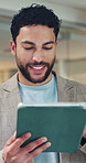 Tablet, office and business man reading email, check schedule and compliance report. Workplace, smile and advisor with technology for policy development, review and research project on internet