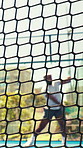 Fitness, padel and black man in court with net, serve frustration and workout in competition action. Tennis training, blur and athlete outdoor with racket swing, anger and loss in test match. 