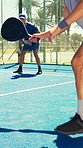 Padel, men and team exercise on court for sports, training or practice match together for health. Tennis player, doubles and people in competition, tournament challenge or fitness with game outdoor