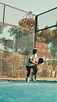 Fitness, black man or swing with padel racket on court, outdoor activity or practice game for workout. Healthy exercise, match training or athlete jump for ball on turf, endurance challenge or energy