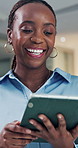 Tablet, business and black woman laugh in office for reading email, thinking and compliance report. Planning, funny advisor and technology for research, joke and scroll app for policy development