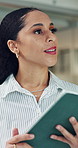 Vision, tablet and business woman in office for email, compliance report or laugh. Thinking, funny and advisor with technology at work to scroll app, policy development or research with insight