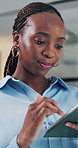 Tablet, business and black woman in office for reading email, check schedule and compliance report. Workplace, smile and advisor with technology for policy development, scroll and research project
