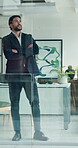 Thinking, business and man with arms crossed in office for career pride, vision and finance planning. Thoughts, person and confident with reflection, problem solving and solution ideas for investment