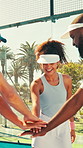 Circle, hands and padel with friends outdoor together for motivation, success or team building. Energy, huddle and stack with group of sports people on court for bonding, competition or tournament
