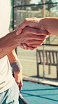 Handshake, tennis coach and people with welcome for fitness, support and training for contest and practice. Athlete, person and intro with congrats, shaking hands and sports for teamwork or game