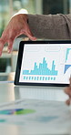 Hands, person and meeting with graphs on tablet for accounting, data analysis and annual report. Man, explain and charts on digital screen, company performance and online statistics for profit growth