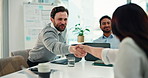 Handshake, success and meeting with business people in office for partnership, ngo funding and teamwork. Non profit project, shaking hands and deal with employees in agency for investor approval