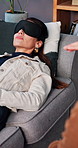 Mental health, woman or breathe on sofa with blindfold for sensory awareness, healing or counseling. Person, sleep mask and guided meditation on couch for mindfulness, breathwork and somatic therapy.