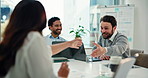 Handshake, smile and meeting with business people in office for partnership, ngo funding and teamwork. Non profit project, shaking hands and deal with employees in agency for investor approval