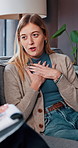 Therapy, talking and advice with woman on sofa for trauma counseling session, feedback and ptsd treatment. Psychology, mental health assessment and progress with therapist for patient evaluation