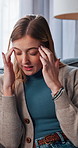 Brain fog, burnout and stress with woman in therapy session for consulting, evaluation or psychology. Anxiety, headache and mental health with patient in office for advice, feedback or review