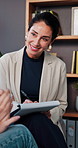 Therapist, counseling and woman with smile, clipboard and mental health with recovery support. Person, documents and psychologist in office, positive feedback and checklist with evaluation and notes