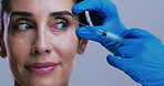 Plastic surgery, gloves and woman in studio with injection for skincare, filler and anti aging. Dermatology, white background and portrait of person with syringe for cosmetics, face lift and beauty