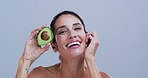 Happy woman, face and avocado in studio, beauty and confident with mock up space on background. Mature person, smile or organic fruit in portrait, skincare and pride with benefits in New Zealand