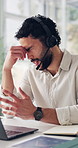 Tired man, telecom or headache in office with laptop for customer support, HR chat or video call. Migraine, person or talk in online meeting with tech for help desk, client advice or CRM discussion.