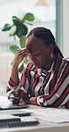 Tired, headache or black woman in office with laptop, burnout or overworked in report deadline. Space, migraine or analyst in agency with tech, fatigue and stress in struggling with workload.