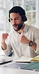 Call center, laptop and man in office, celebration and customer agent with success. Help desk, achievement and happy person in workplace, computer and feedback with kpi target, cheering and goals