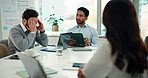 Meeting, discussion and worry with business people in office for campaign fail, research and planning. Target audience, engagement decline and teamwork with employees in media agency for stress