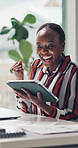 Happy, black woman or winning with tablet in office for good news or promotion bonus. Excited, female person or employee with smile, fist pump or technology for online deal, prize or business success