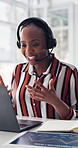 Call center, laptop and black woman in office, smile and customer service with insurance cover. Life policy, employee and African person with pc, connection and feedback for info and consultation