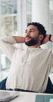 Businessman, relax and stretching with break in office for completion, productivity or done. Man, employee or rest with finished tasks for productive day, project deadline or free time in workplace