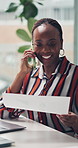 Business, phone call and black woman in office, documents or information for profit growth. African person, analytics or employee with internet, cellphone or report for sales increase, app or contact