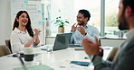 Business people, applause and laptop with team in meeting for congratulations or achievement in office. Excited employees, group and clapping together for promotion, good news or deal at workplace