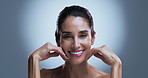 Skincare, face or happy woman in studio, natural beauty or soft texture for anti aging treatment. Smile, smooth facial skin or mature person with dermatology, wellness or self care on gray background