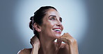 Happy, beauty and woman in studio, skincare and dermatology on gray background. Smile, cosmetics or mature person with glow, aesthetic or grooming with treatment, shine and healthy skin with wellness