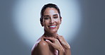 Smile, face and woman in studio, skincare and dermatology on gray background. Happy, cosmetics or mature person with glow, aesthetic or grooming with treatment, shine and healthy skin with wellness
