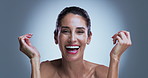 Face, mature or happy woman in studio with laugh for funny story, skincare or anti aging benefits. Confident, female person or smile with beauty for joke, dermatology or clear skin on grey background