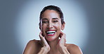 Funny, face and woman in studio, skincare and dermatology on gray background. Smile, cosmetics and mature person with facial glow, aesthetic and laughing with wellness, shine and healthy skin