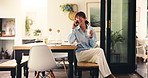 Phone call, relax and smile with woman in home for conversation, communication and contact. Happiness, network and discussion with mature person and mobile in apartment for chat and connection