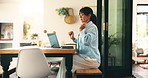 Woman, remote work and stretching with laptop at house for stress free tired and copywriting. Person, freelancer and pc for research, muscle relief and posture from editing article for publication