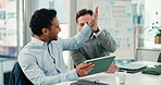 Business men, high five and tablet with team in meeting for congratulations or achievement in office. Excited employees, people and winning together for promotion, good news or deal at workplace