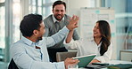 Business people, high five and tablet with team in meeting for congratulations or achievement in office. Excited employees, smile and winning together for promotion, good news or deal at workplace