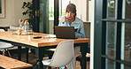 Thinking, woman and laptop with notebook at house for accounting, finance reminder or loan application. Mature person, pc and notes for financial planner, budget review and online payment of expenses