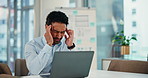 Man, lawyer and headache with strain by laptop for legal issue, contact and consultation service. Office, attorney or advocate with tech, stress and report with error for court case at law firm