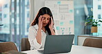 Woman, lawyer and headache with laptop in office for legal issue, contact and consultation service. Person, attorney or advocate with tech, stress and report with error for court case at law firm