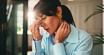 Tired woman, headache and home with stress for fatigue, burnout or mental health from pressure. Frustrated, female person or migraine with vertigo, muscle tension or strain for overworked in house