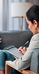 Clipboard, hands and writing with psychologist in therapy session for consulting or counseling. Advice, diagnosis and psychology with mature woman therapist on couch for mental health notes or report