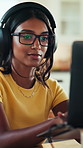 Headphones, typing and Indian woman with laptop for elearning, course or knowledge tutorial in home. Computer, university student and audio for online education, virtual lesson or listen to music